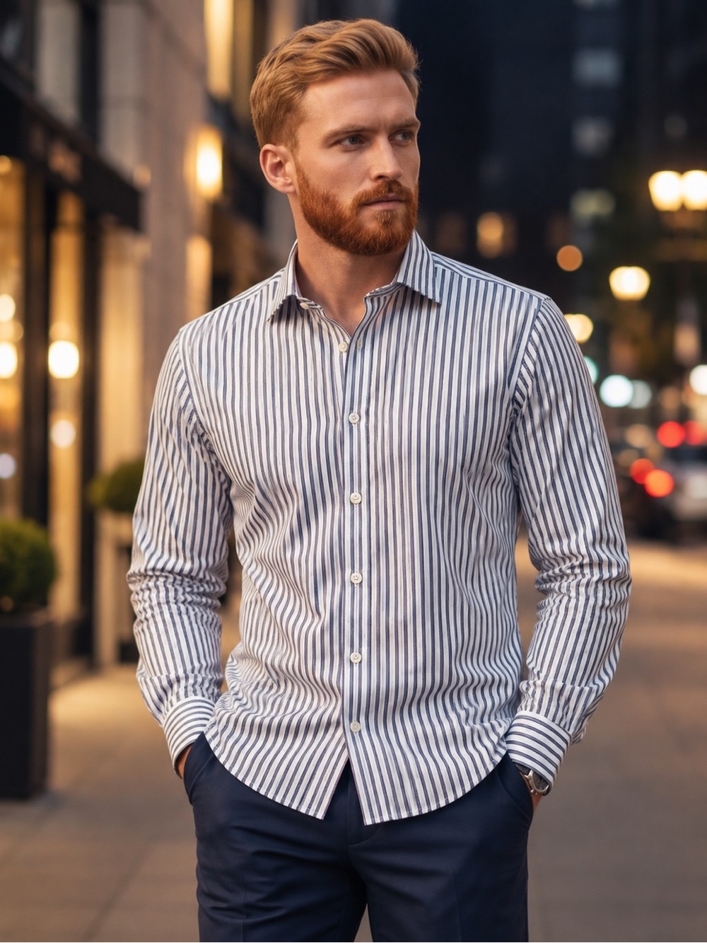 Armani Collezioni Dress Shirt 39 15.5R Blue White Stripe 100% Cotton